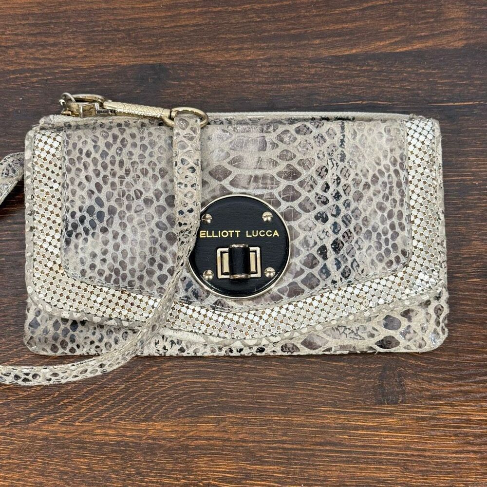 Elliott Lucca Women’s wristlet envelope wallet snakeskin print leather silver ch